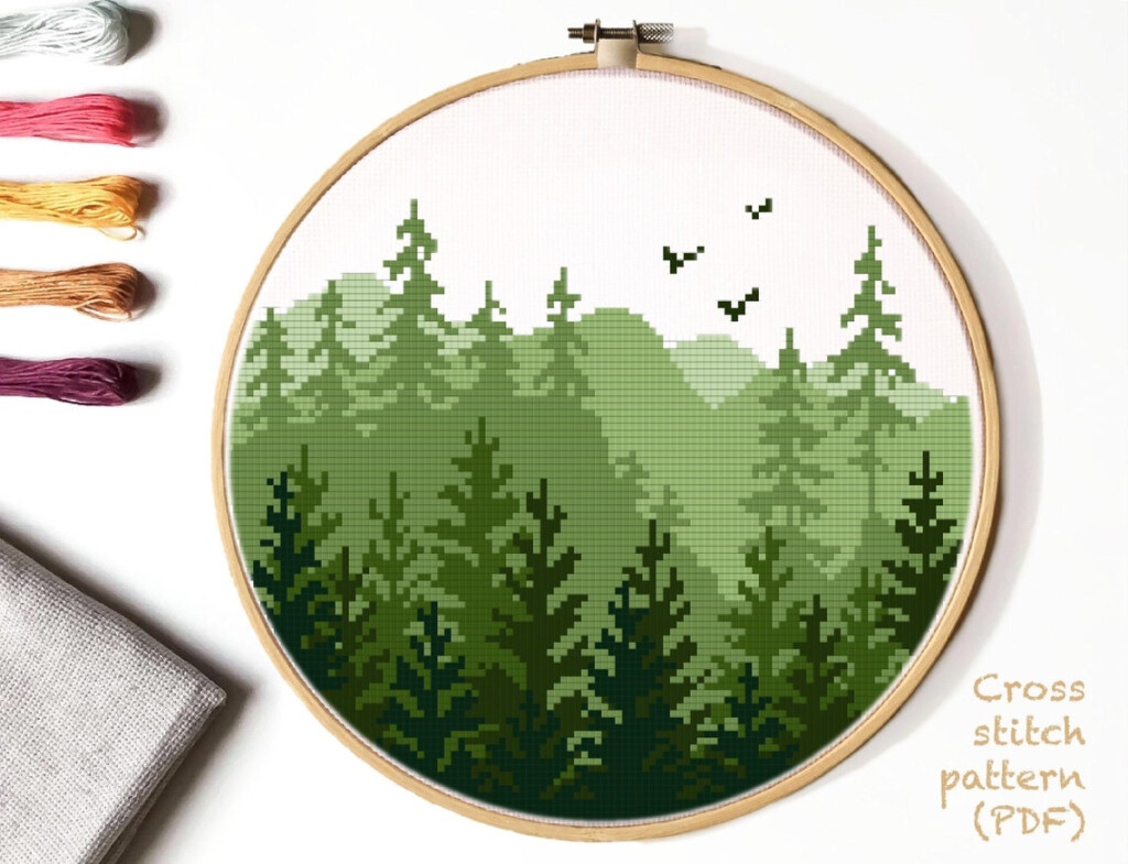 Landscape Modern Cross Stitch Pattern Forest Counted Cross Etsy UK - Forest Cross Stitch Pattern Free