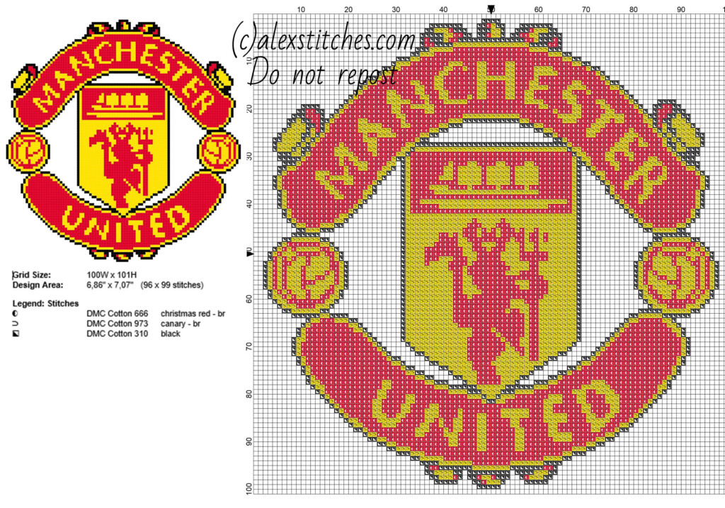 Manchester United Soccer Team Logo Free Cross Stitch Pattern Free  - Free Cross Stitch Football Pattern