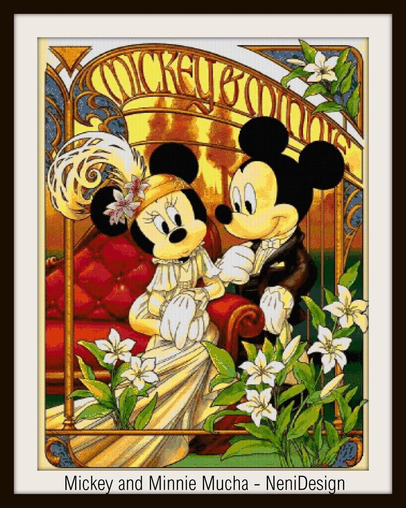 Mickey And Minnie Mucha Cross Stitch Pattern DIY Room Decor Etsy - Mickey And Minnie Cross Stitch Patterns