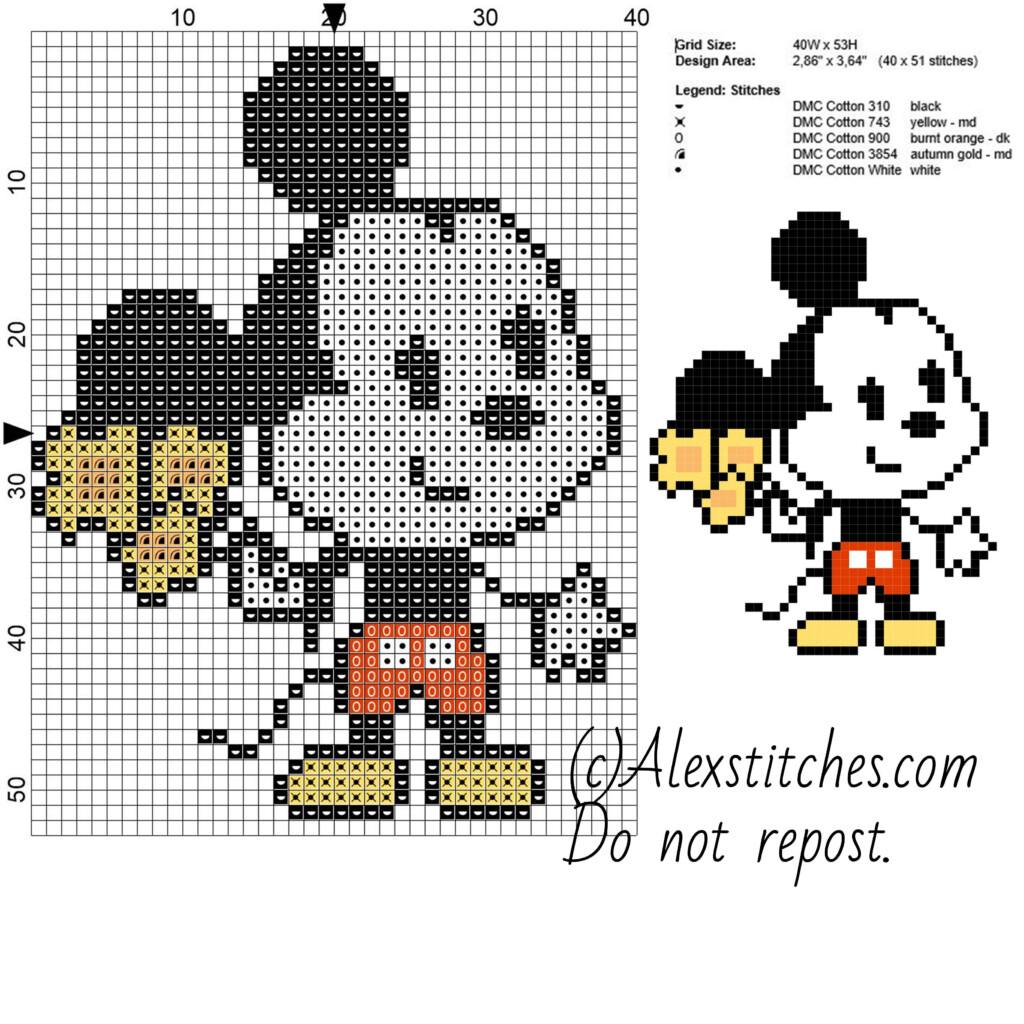 Mickey Mouse Disney Cuties Free Cross Stitch Pattern 40x53 5 Colors  - Mickey Mouse Cross Stitch Pattern Free