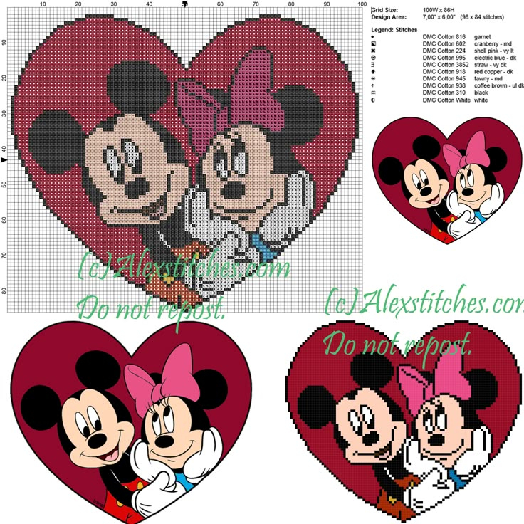 Minnie And Mickey Mouse Cross Stitch Pattern 100x86 10 Colors Free  - Free Mickey And Minnie Mouse Cross Stitch Patterns