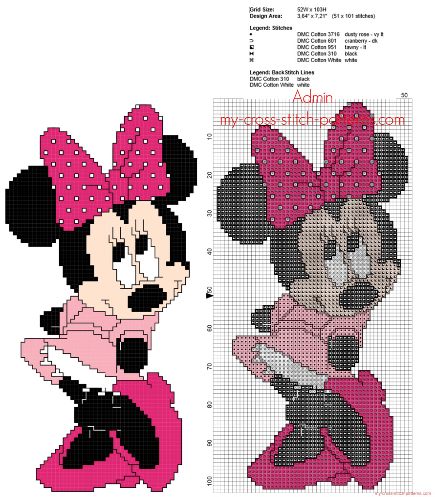 Minnie Mouse With Pink Dress Free Back Stitch Disney Cross Stitch  - Free Minnie Mouse Cross Stitch Patterns