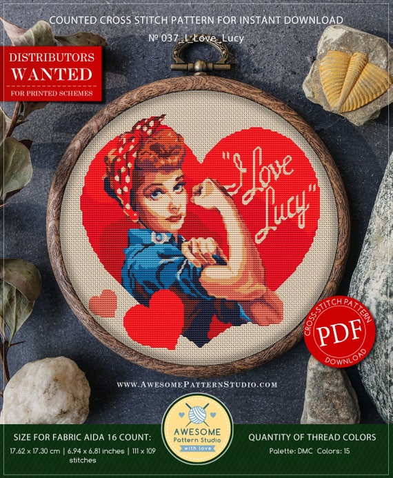 Modern Cross Stitch Pattern Of I Love Lucy For Instant - I Love Lucy Cross Stitch Patterns