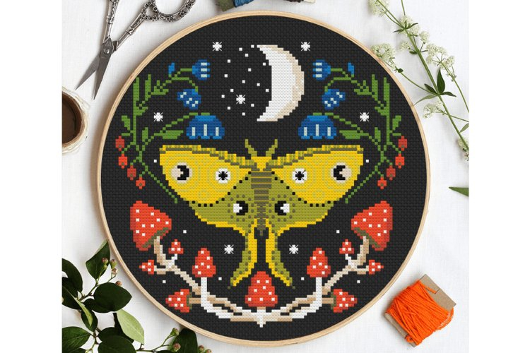 Moth Cross Stitch Pattern PDF Moon Luna Flowers Witch Theme - Moth Cross Stitch Pattern Free