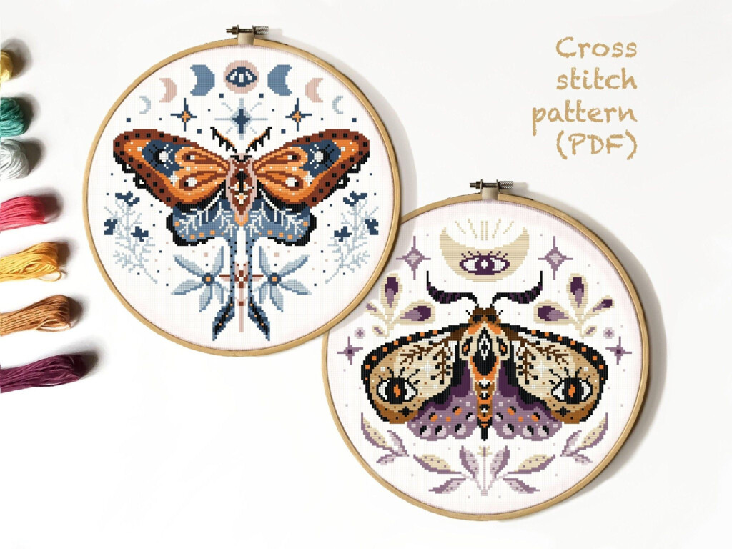 Moths Modern Cross Stitch Pattern Insect Cross Stitch Instant  - Moth Cross Stitch Pattern Free