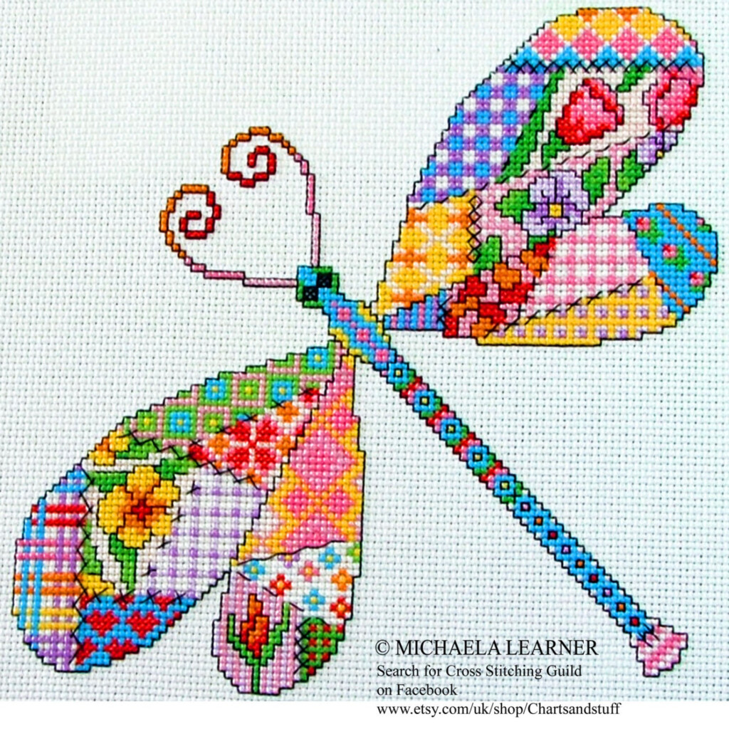 Patchwork Dragonfly Cross Stitch Instant Download PDF Pattern - Cross Stitch Dragonfly Pattern Free
