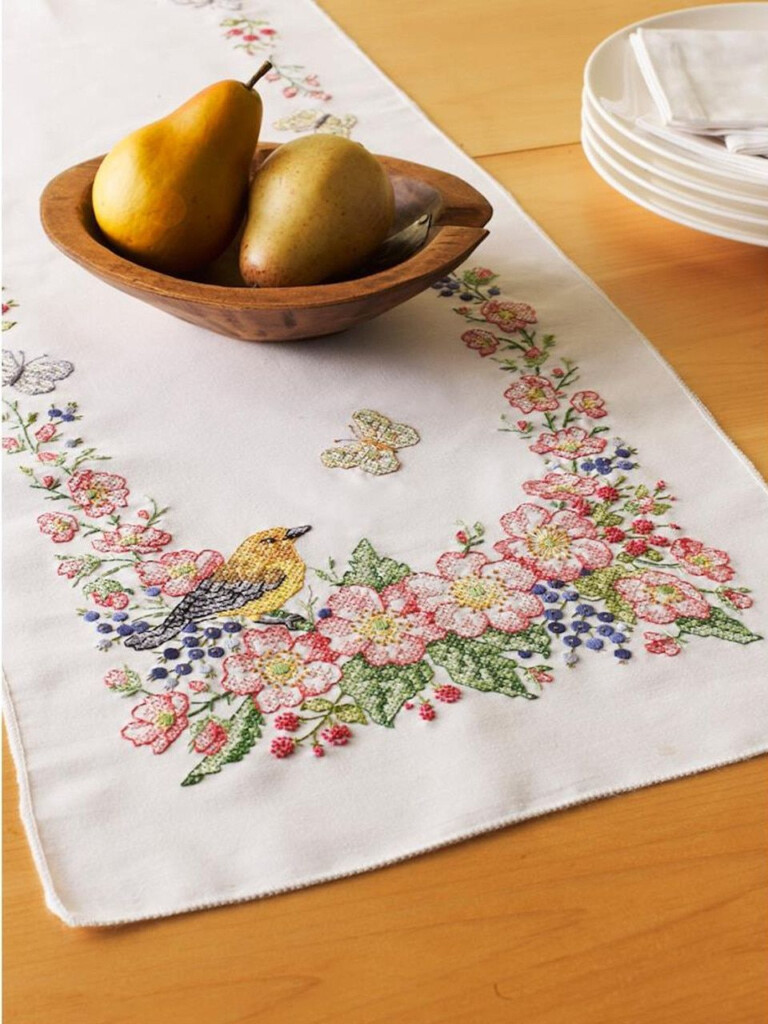 Plaid Bucilla Butterflies Birds Table Runner Stamped Cross  - Cross Stitch Patterns For Table Runners