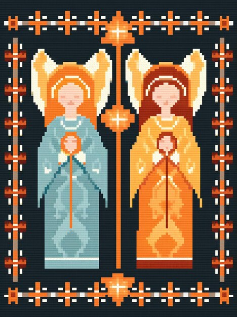 Premium Photo Two Pixel Pixel Angels With A Cross Stitch Pattern On A  - Cross Stitch Pattern Black Background