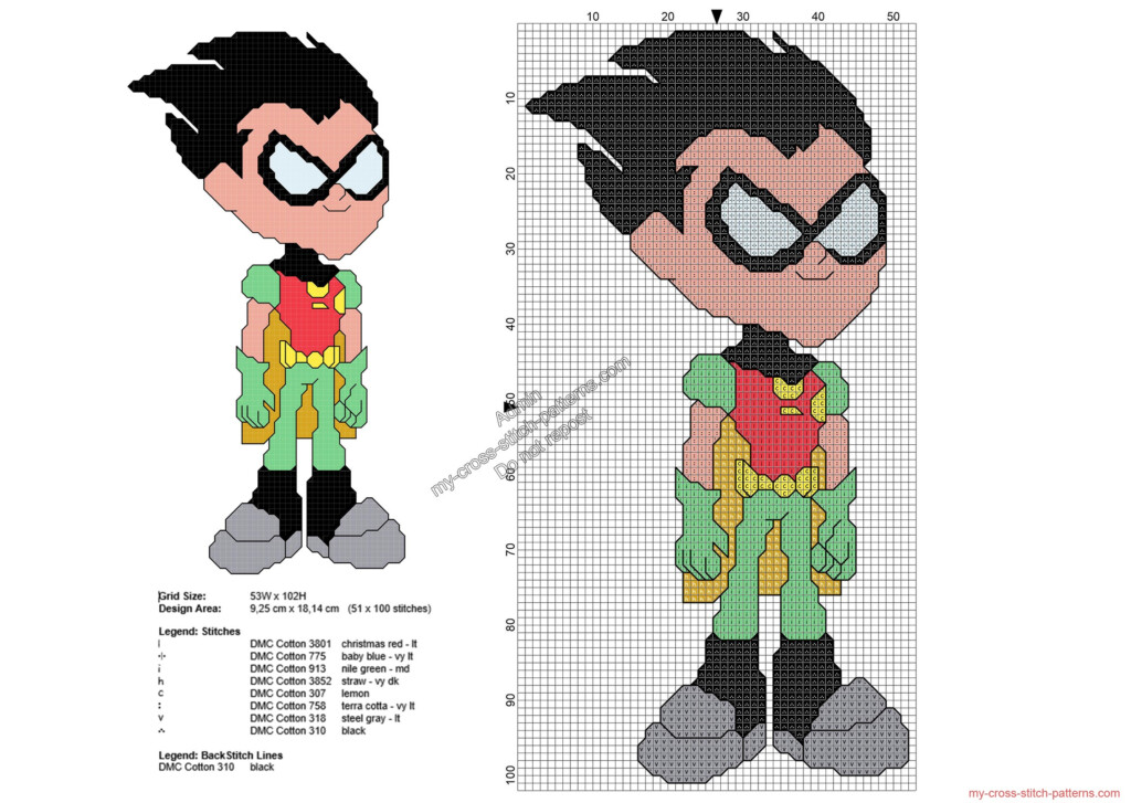 Robin Teen Titans Go Free Cross Stitch Pattern 51x100 Free Cross  - Robin Cross Stitch Pattern Free
