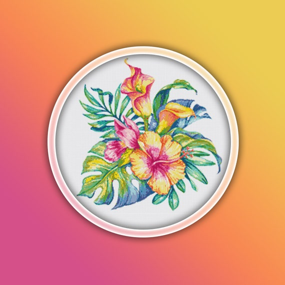 Sewing Needlecraft Hibiscus Cross Stitch Pattern 3 Instant PDF  - Hibiscus Flower Cross Stitch Pattern
