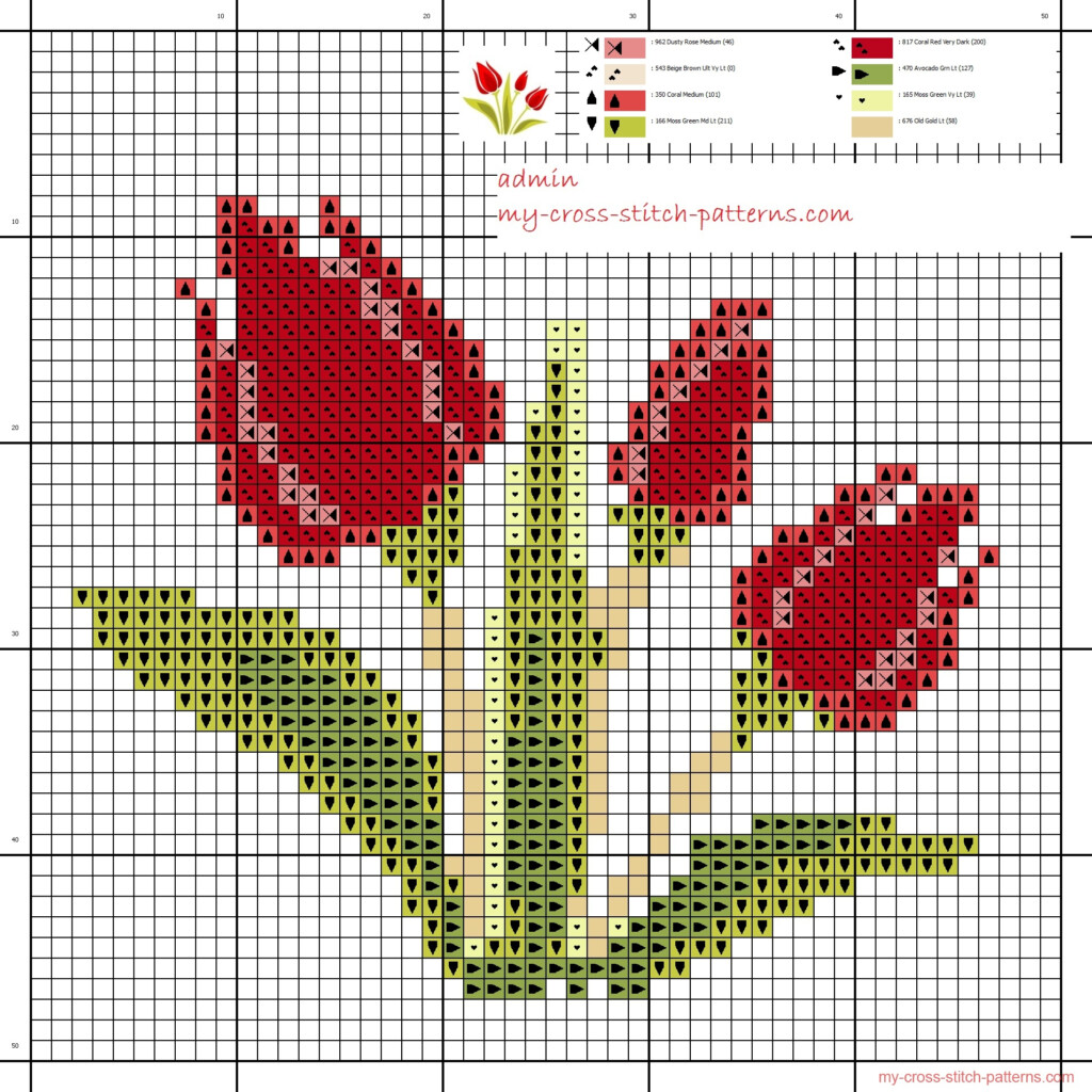 Small And Simple Cross Stitch Pattern Of Three Red Tulips Free Cross  - Small Simple Cross Stitch Patterns