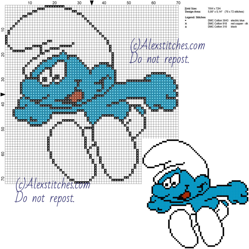 Smurf Cross Stitch Pattern 70x72 3 Colors Free Cross Stitch Patterns  - Smurf Cross Stitch Pattern Free