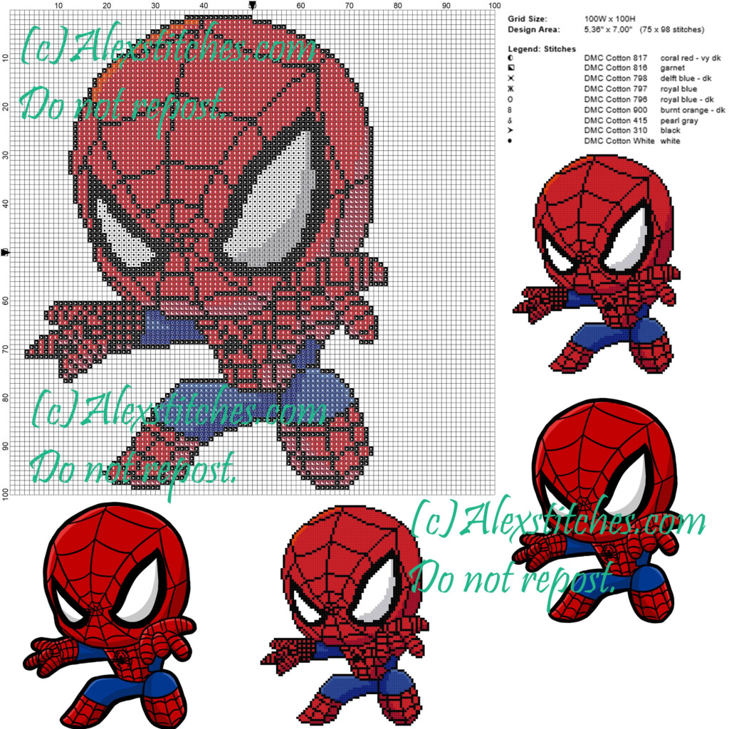 Spiderman Cross Stitch Pattern 100x100 9 Colors Baby Crochet Patterns  - Easy Spiderman Cross Stitch Pattern