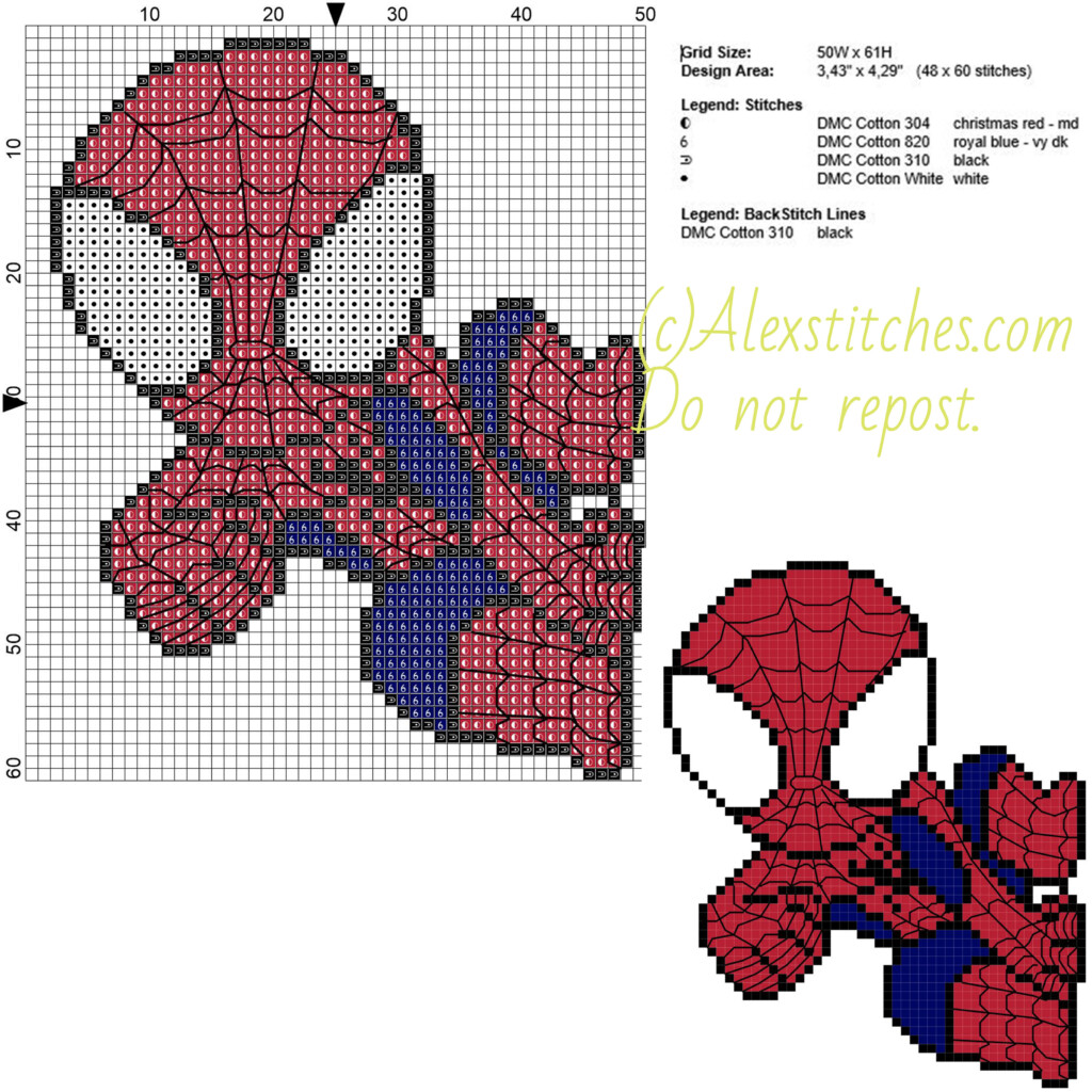 Spiderman Free Cross Stitch Pattern 50x61 5 Colors Free Cross Stitch  - Easy Spiderman Cross Stitch Pattern