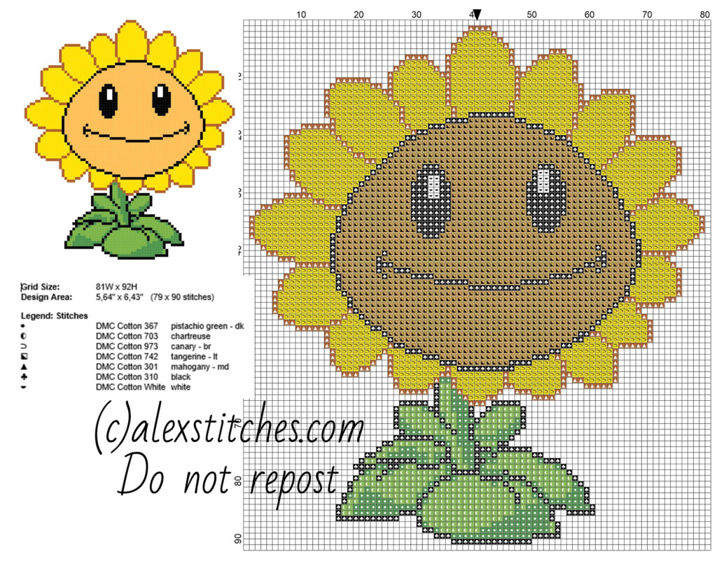 Sunflower Plants Vs Zombies Videogame Free Cross Stitch Pattern Free  - Plants Vs Zombies Cross Stitch Patterns