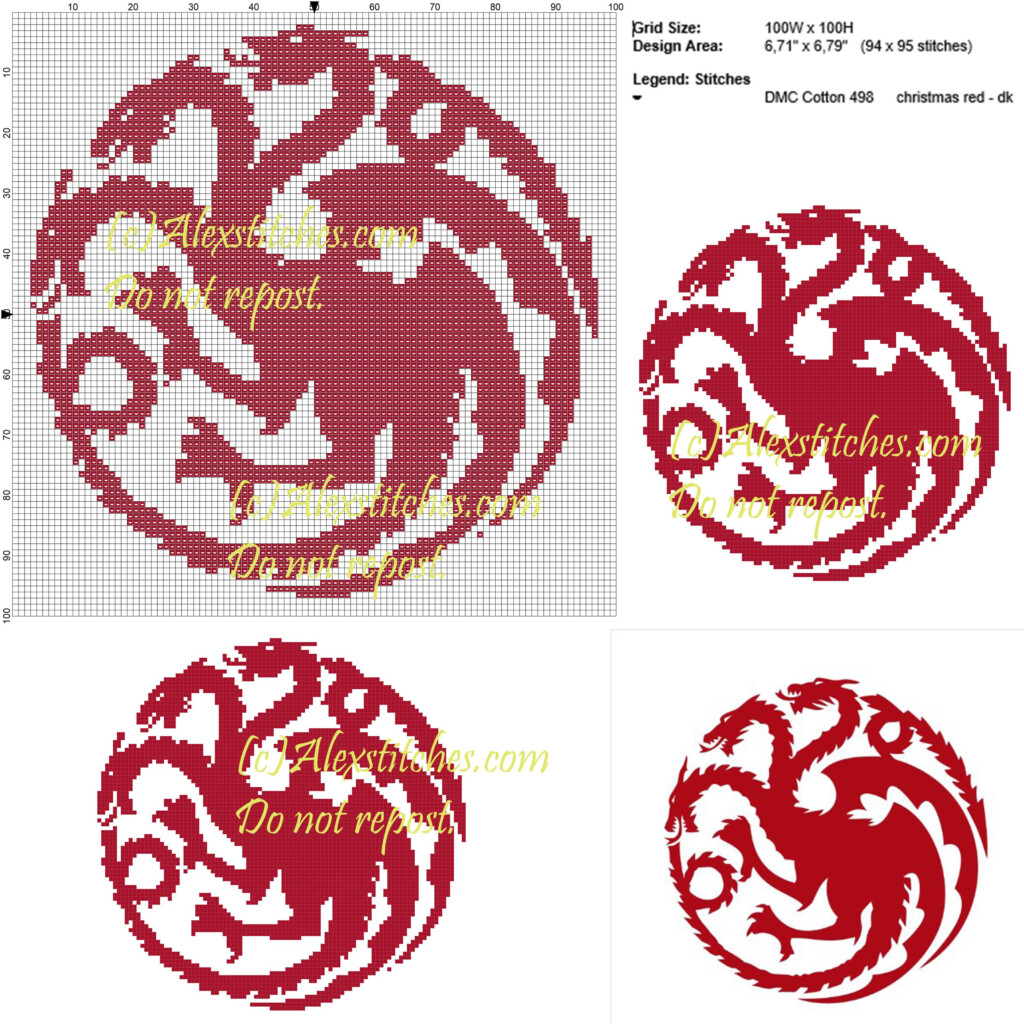 Targaryen Logo Game Of Thrones Cross Stitch Pattern 100x100 1 Colore  - Game Of Thrones Cross Stitch Pattern