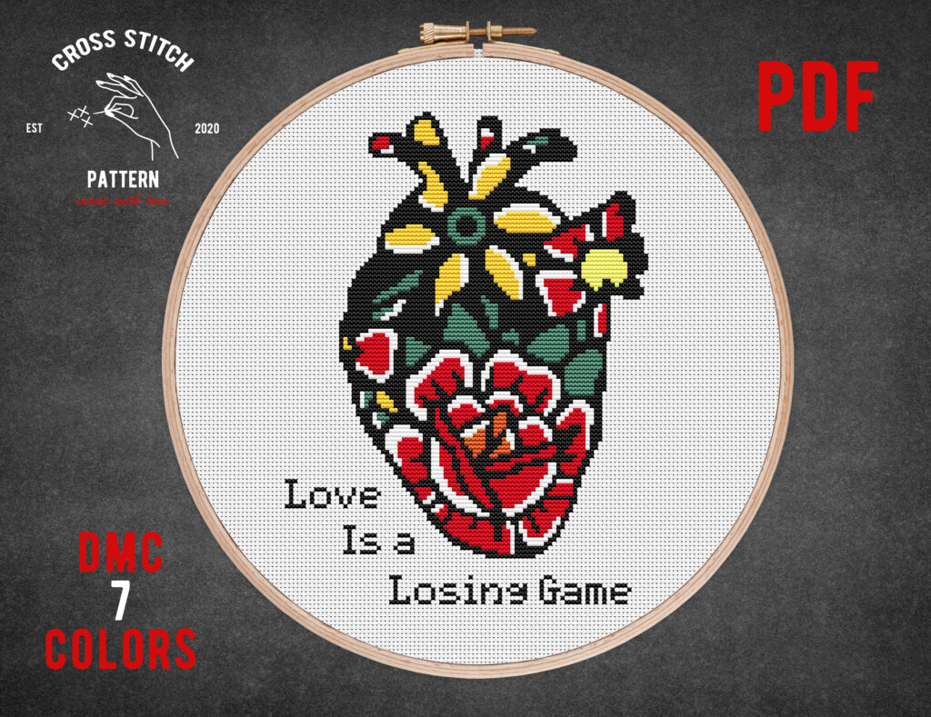 Tattoo Style Cross Stitch Pattern Flower Heart Vulgar Cross Etsy - Free Vulgar Cross Stitch Patterns
