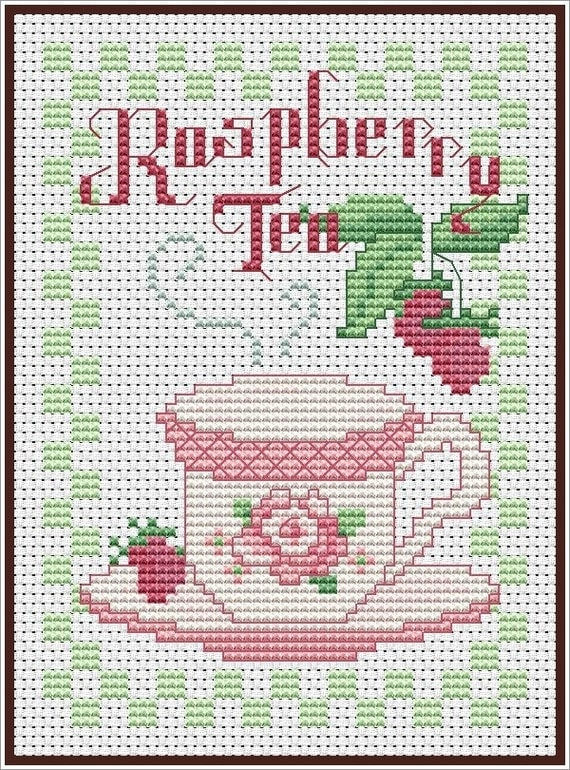 Tea Time Cross Stitch Pattern Raspberry Tea Cross Stitch Chart - Tea Time Cross Stitch Pattern