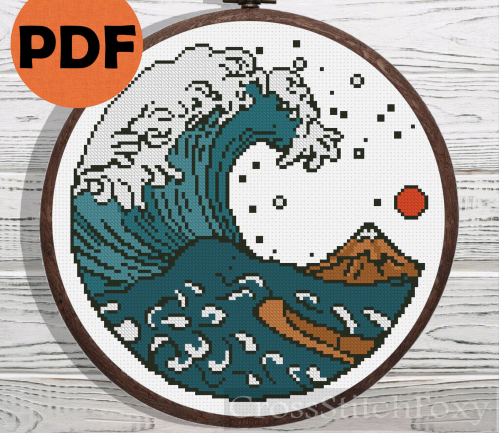 The Great Wave Cross Stitch Pattern PDF Ocean Wave Easy Small Famous  - The Great Wave Cross Stitch Pattern Free