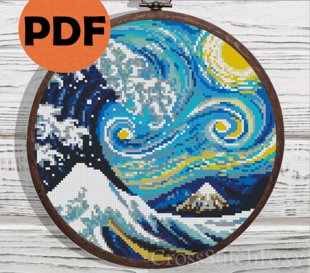 The Great Wave Starry Night Cross Stitch Pattern PDF Ocean Wave Easy  - The Great Wave Cross Stitch Pattern Free