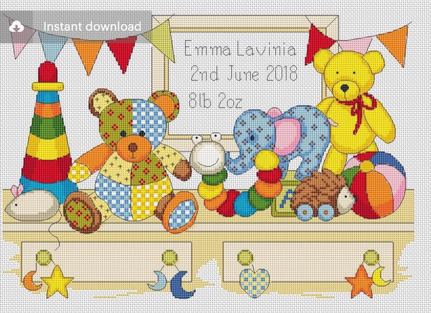 Toy Shelf Cross Stitch Baby Birth Sampler Birth Sampler Cross Stitch  - Birth Sampler Cross Stitch Patterns Free