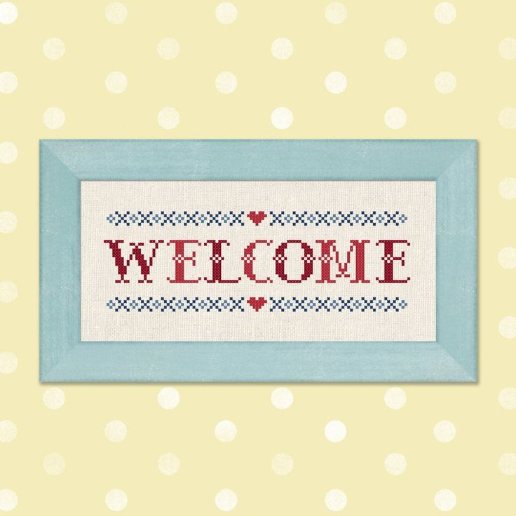 Welcome Cross Stitch Pattern Red And Blue Text Simple Cute Homey  - Cross Stitch Welcome Sign Pattern