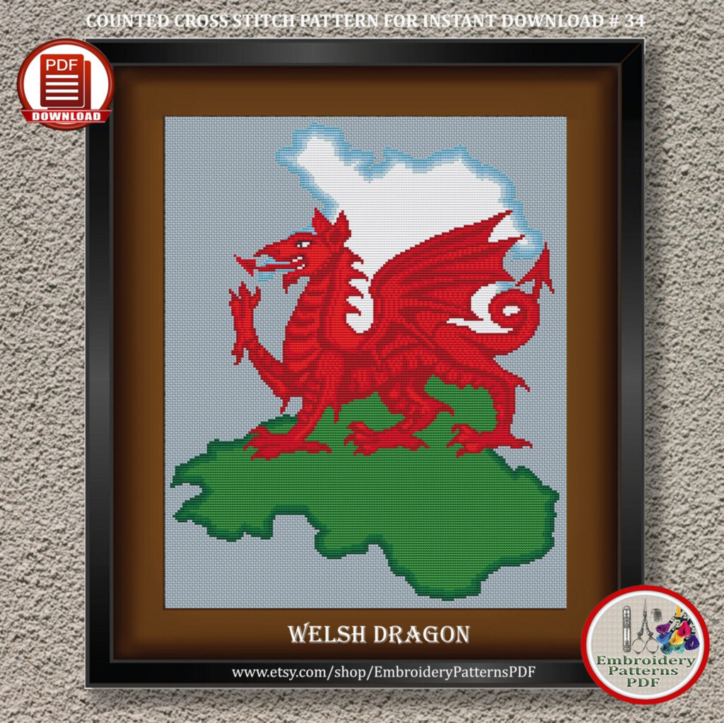 Welsh Dragon Counted Cross Stitch Pattern Y Ddraig Goch Red Etsy - Welsh Dragon Cross Stitch Pattern