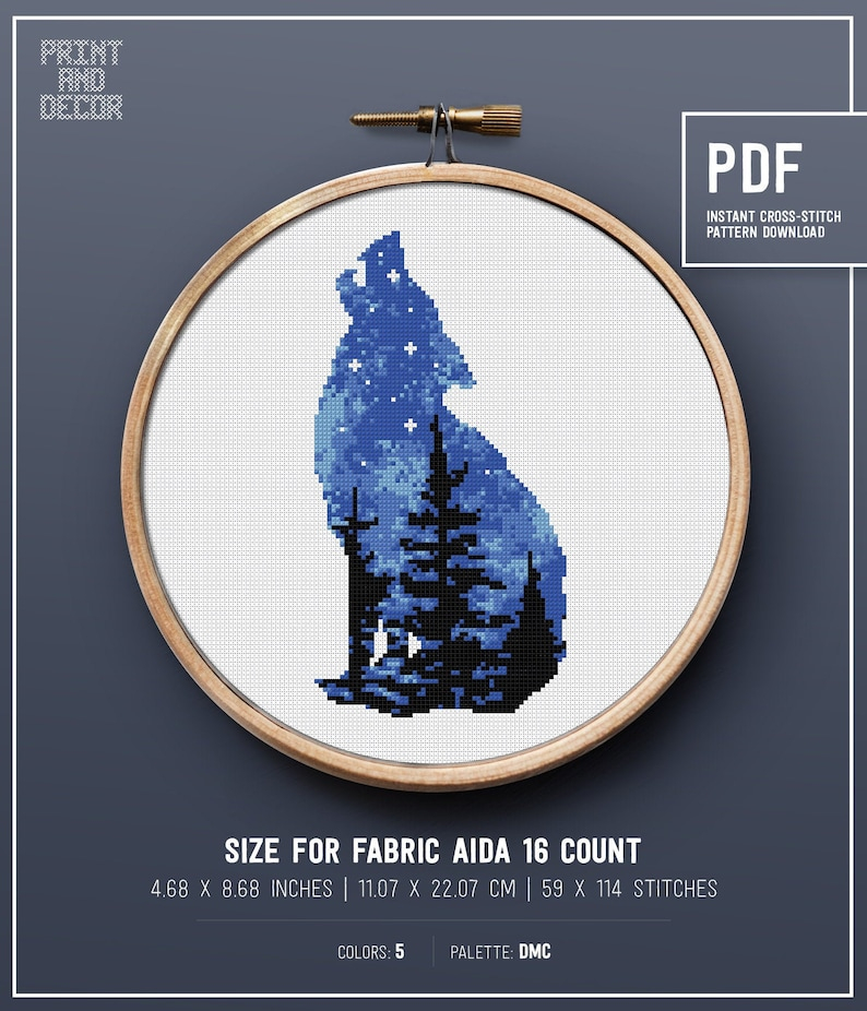 Wolf Silhouette Cross Stitch Pattern Starry Night Forest Etsy - Wolf Silhouette Cross Stitch Pattern